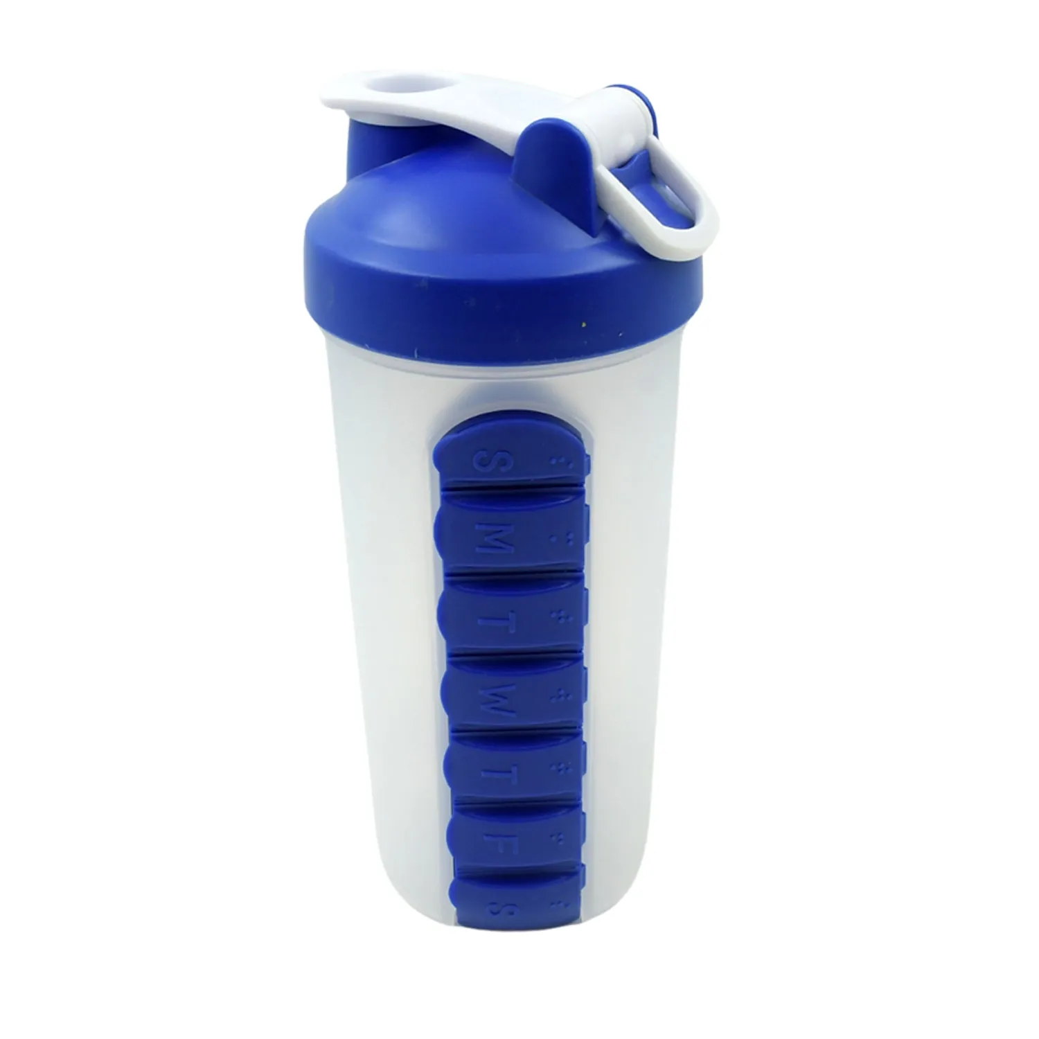 12592 2 In1 Pill Shaker Cup Vitamin Holder Water Bottle with Pill Holder Daily Medicine Planner Shaker Water Bottle pillboxes Organizer pre Workout Shaker Fitness pp Bracket Portable (600 ML)