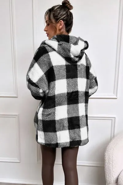 4 Colors! Double Take Full Size Plaid Long Sleeve Hooded Coat