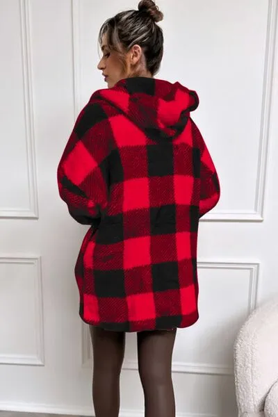 4 Colors! Double Take Full Size Plaid Long Sleeve Hooded Coat