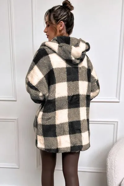 4 Colors! Double Take Full Size Plaid Long Sleeve Hooded Coat