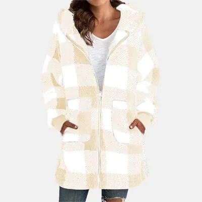 4 Colors! Double Take Full Size Plaid Long Sleeve Hooded Coat