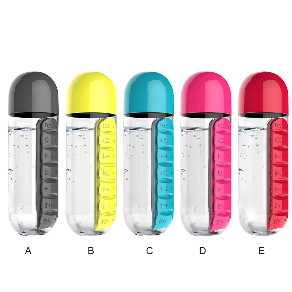 600Ml Water Bottle with Pillbox For Medicine , 7 Days Drug Organizer Drinking Container