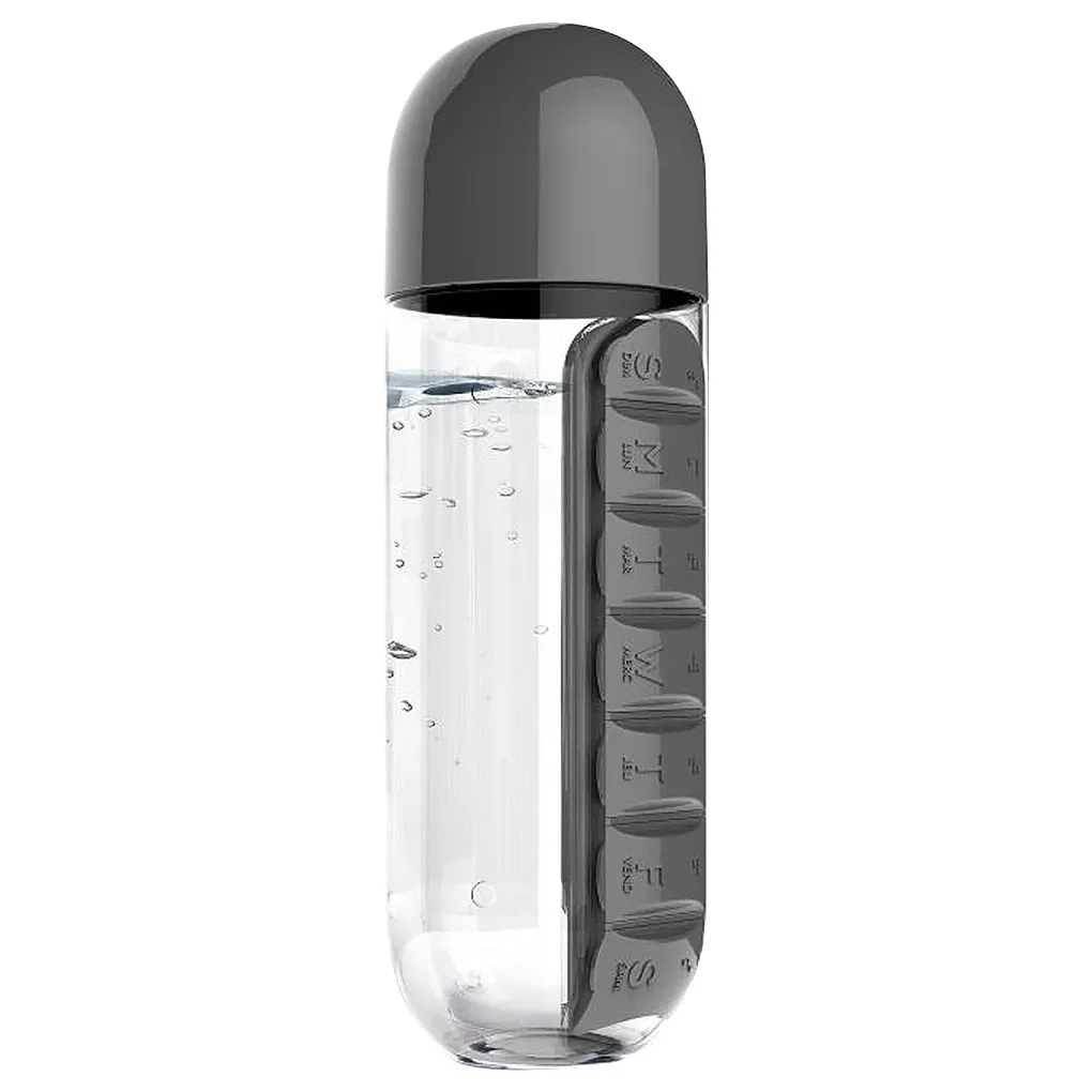 600Ml Water Bottle with Pillbox For Medicine , 7 Days Drug Organizer Drinking Container