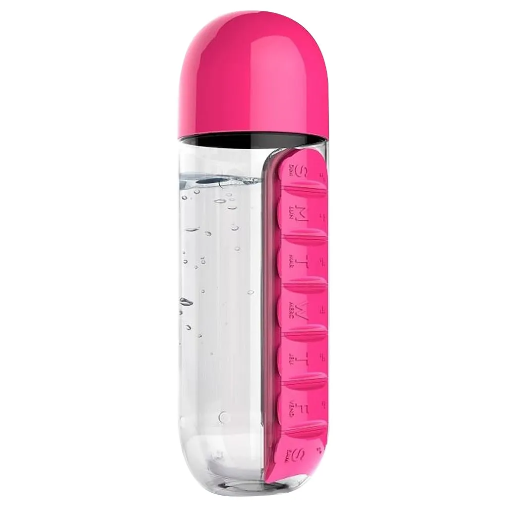 600Ml Water Bottle with Pillbox For Medicine , 7 Days Drug Organizer Drinking Container