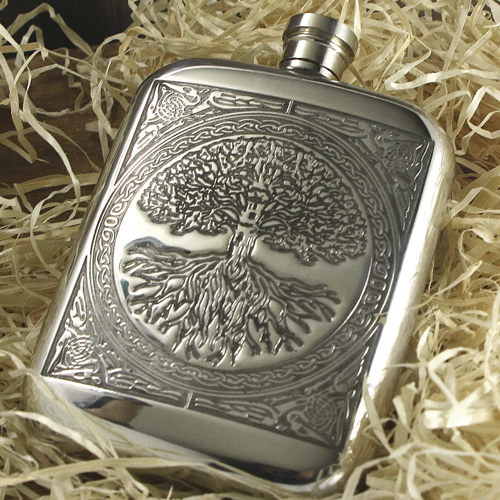 6oz Pewter Hip Flask With Stunning Celtic Tree Of Life Design