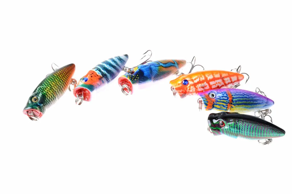 6X 3.5cm Topwater Popper Fishing Lures, 3D Eyes, Sharp Hooks