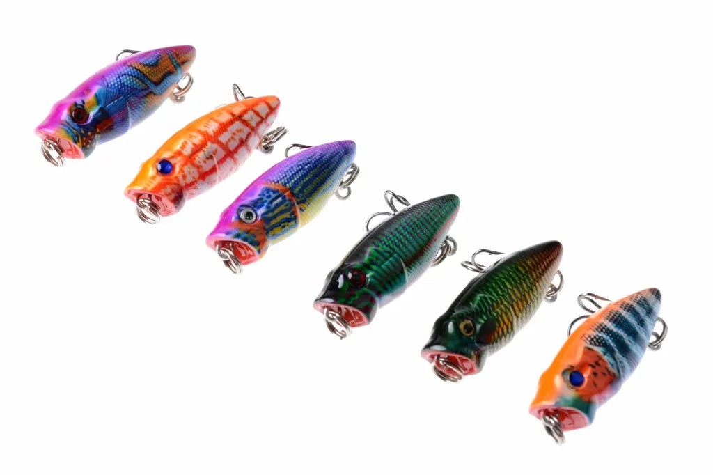 6X 3.5cm Topwater Popper Fishing Lures, 3D Eyes, Sharp Hooks