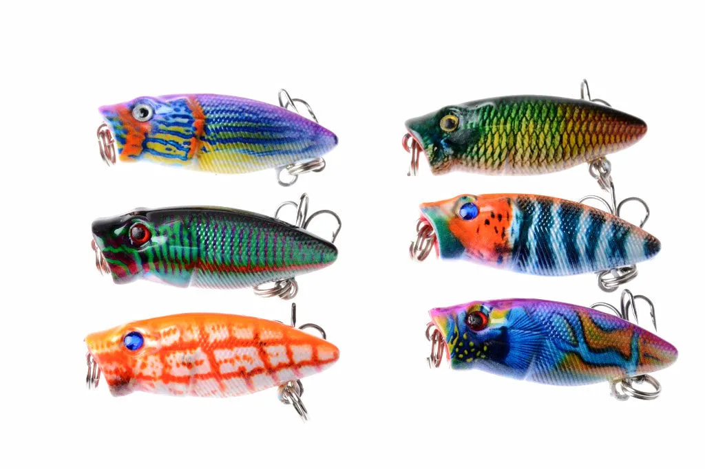 6X 3.5cm Topwater Popper Fishing Lures, 3D Eyes, Sharp Hooks