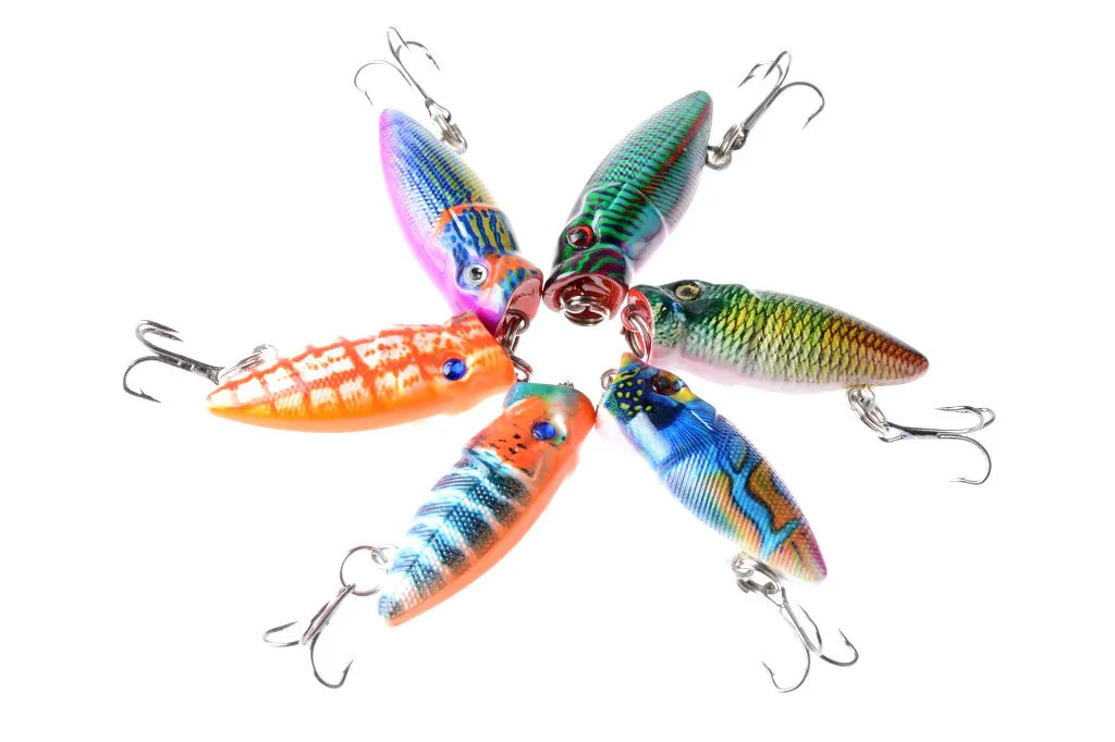 6X 3.5cm Topwater Popper Fishing Lures, 3D Eyes, Sharp Hooks