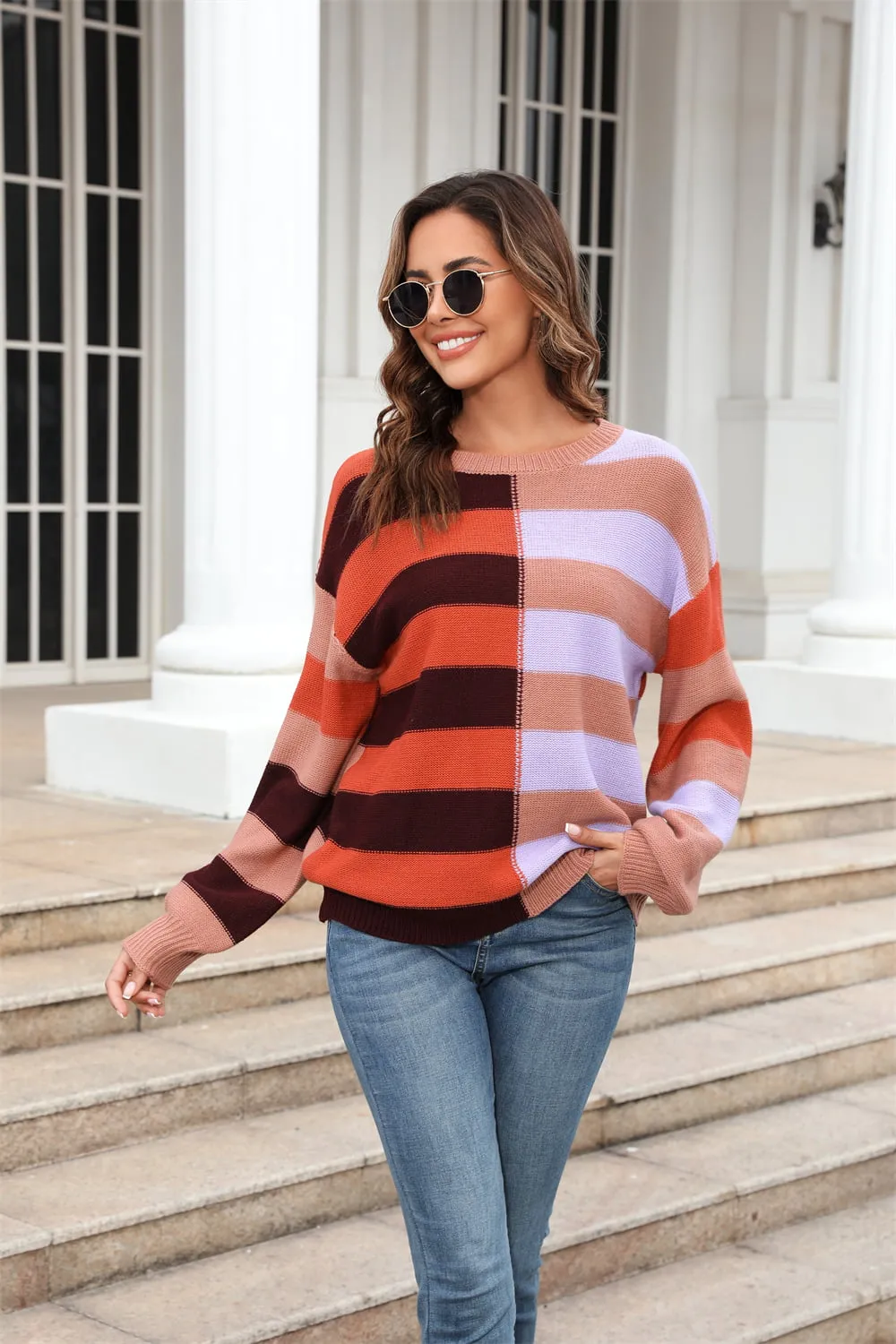 Angel Wings Round Neck Long Sleeve Color Block Dropped Shoulder Pullover Sweater