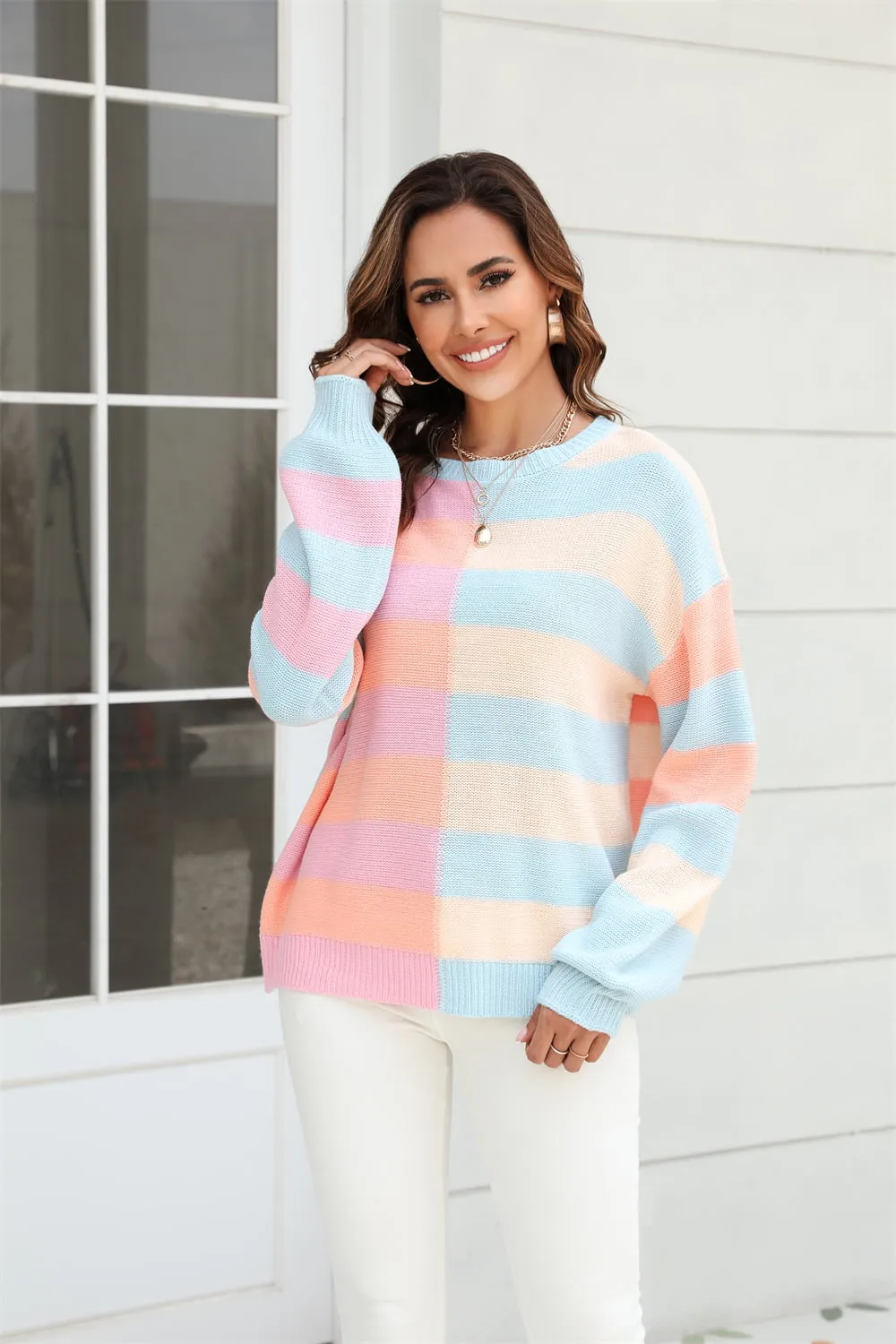 Angel Wings Round Neck Long Sleeve Color Block Dropped Shoulder Pullover Sweater