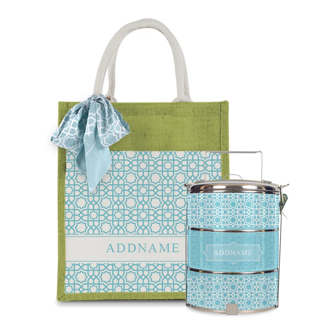 Annas Series - Sky Blue Colorful Jute Bag with Front Pocket with Tiffin Carrier Set