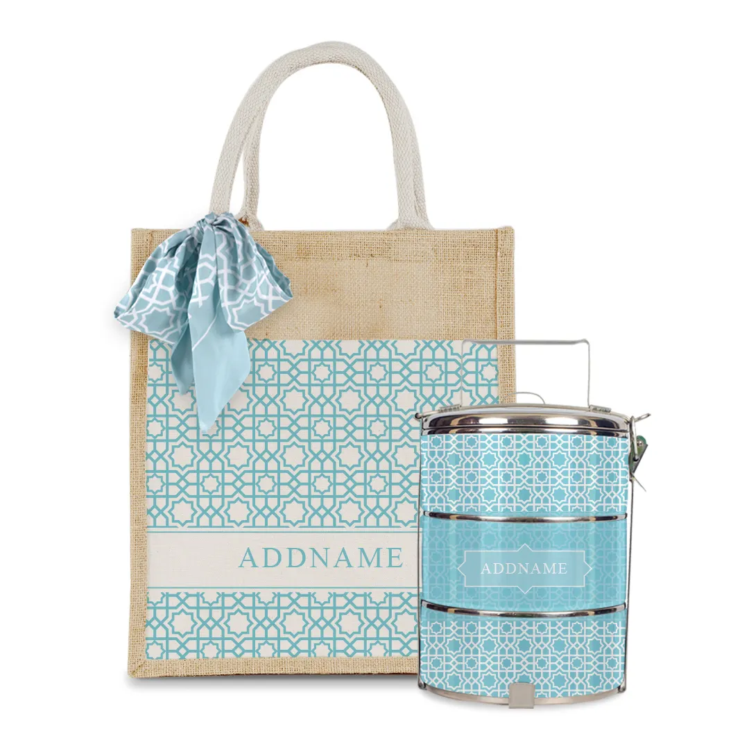 Annas Series - Sky Blue Colorful Jute Bag with Front Pocket with Tiffin Carrier Set