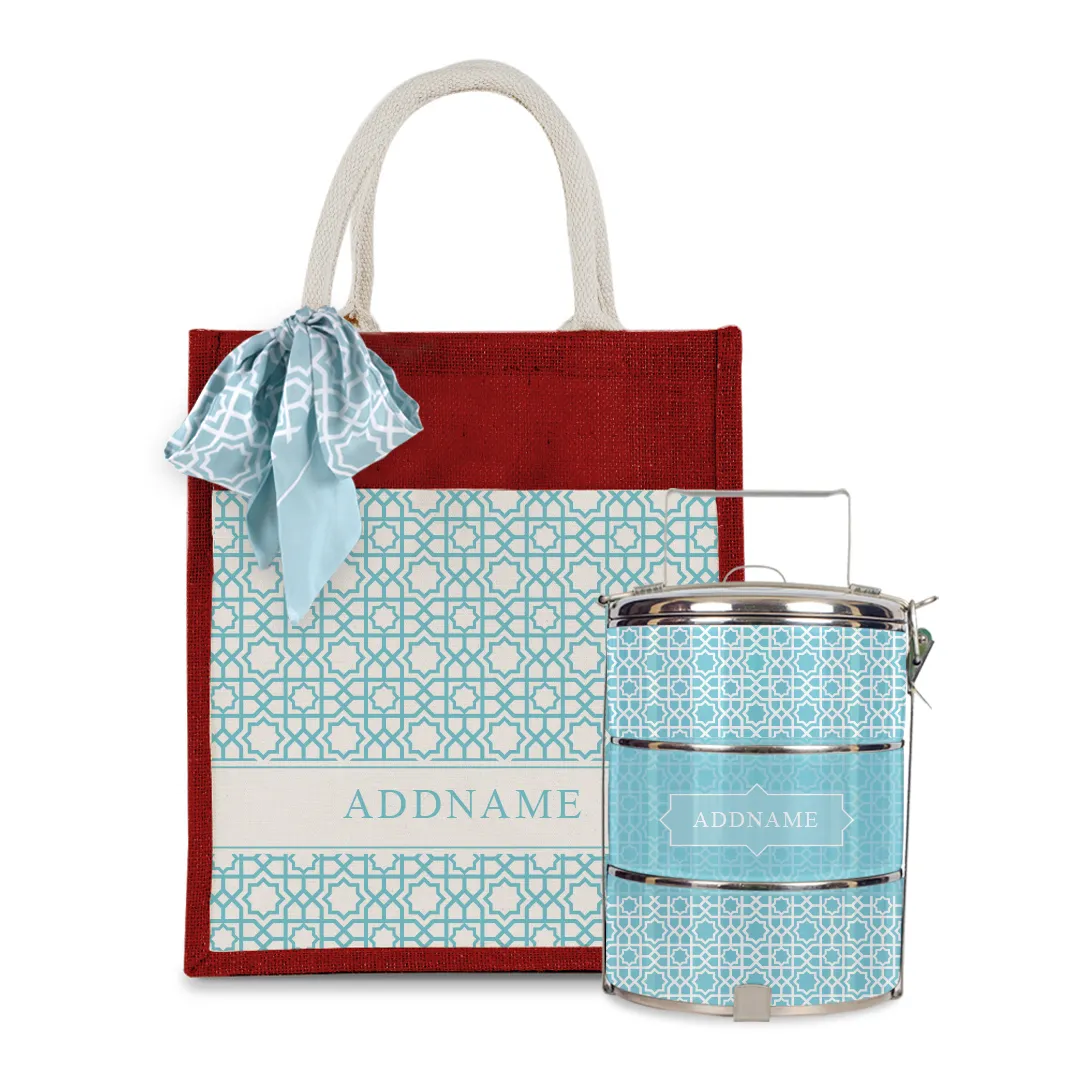 Annas Series - Sky Blue Colorful Jute Bag with Front Pocket with Tiffin Carrier Set