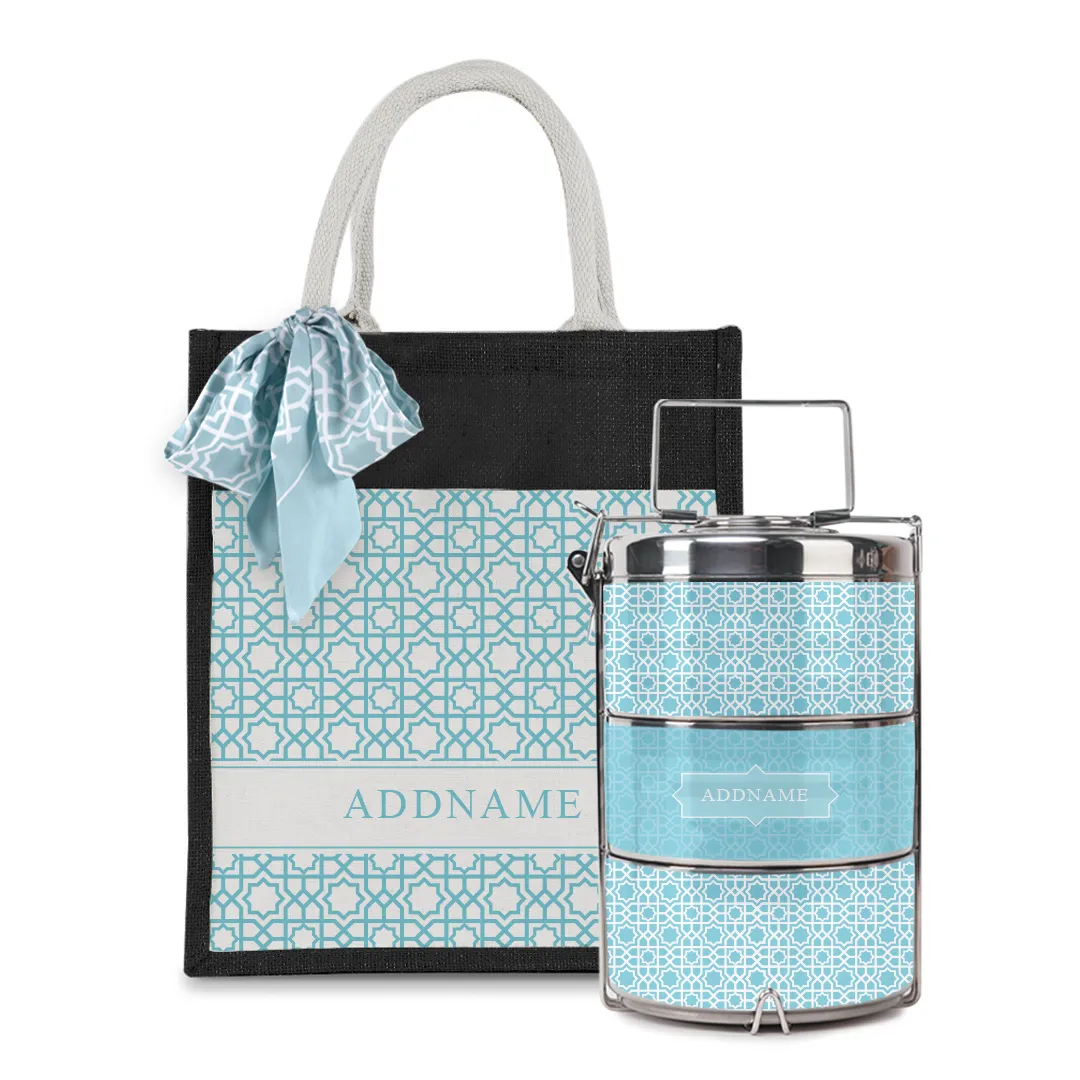 Annas Series - Sky Blue Colorful Jute Bag with Front Pocket with Tiffin Carrier Set