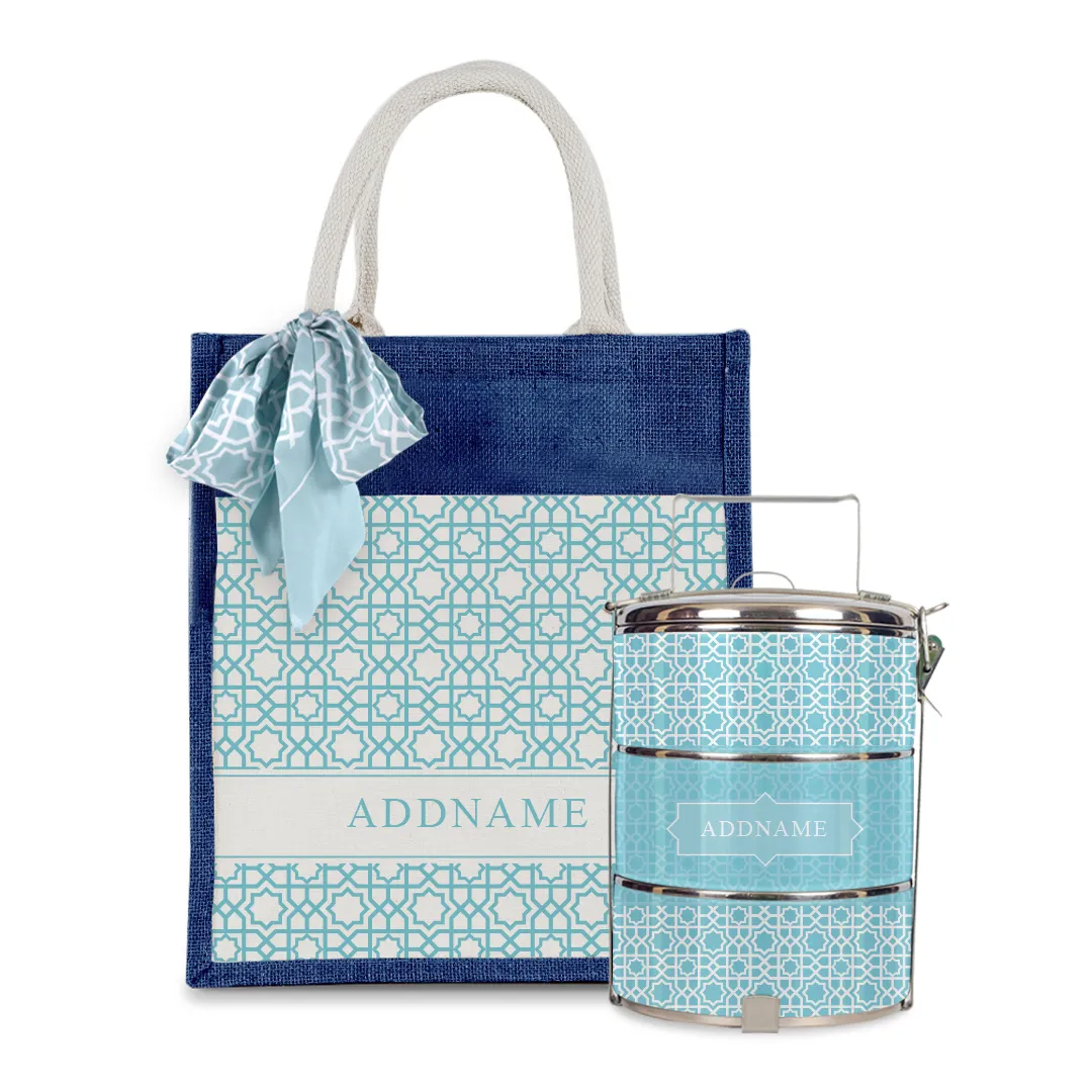 Annas Series - Sky Blue Colorful Jute Bag with Front Pocket with Tiffin Carrier Set