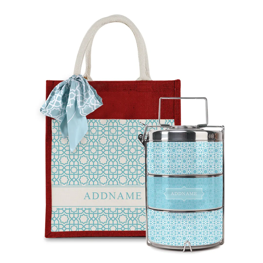 Annas Series - Sky Blue Colorful Jute Bag with Front Pocket with Tiffin Carrier Set