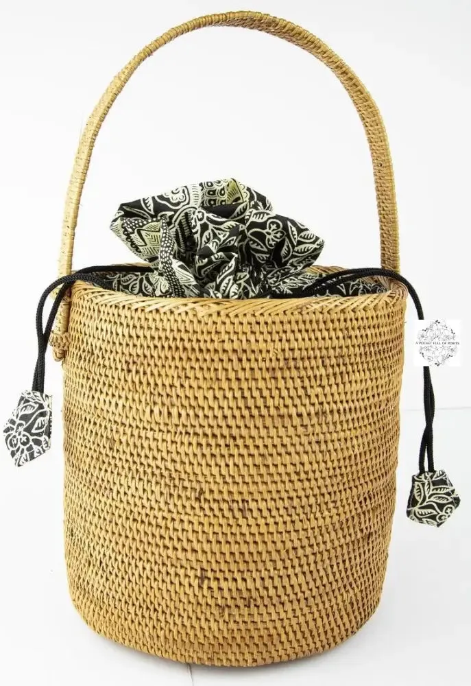 Ata Straw Bucket Bag with Handles Rattan Bag, Straw Wicker Batik Drawstring Lining