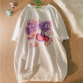 Autumn Cartoon Fruit Print Women T Shirts Girls Harajuku Casual Loose Short Sleeve Y2k Top Cute Oversize Tee