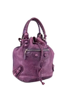 Balenciaga Leather Large Pompon Bucket Bag Purple