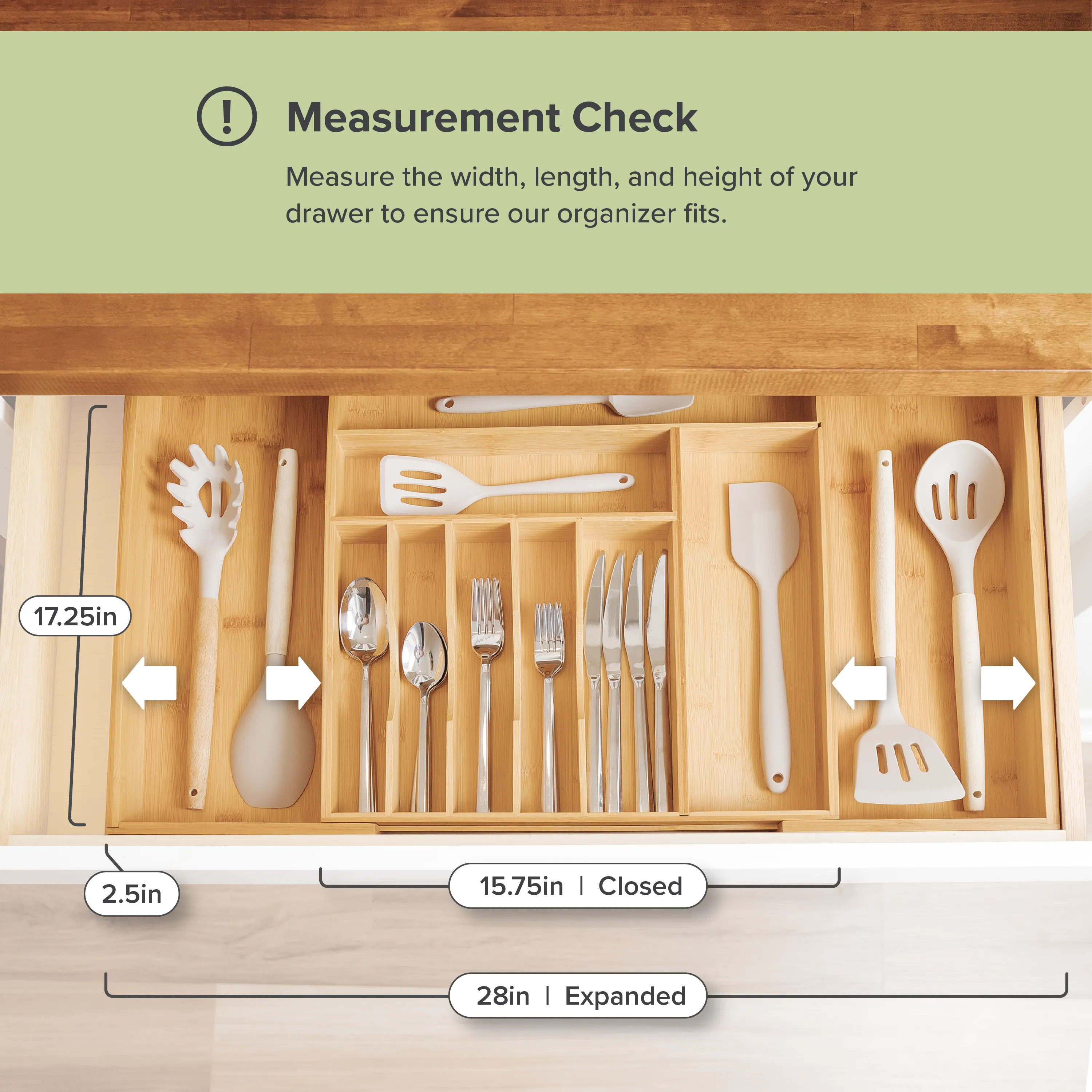 Bamboo Drawer Organizer for Silverware & Utensils (Expands 15.75-28in)