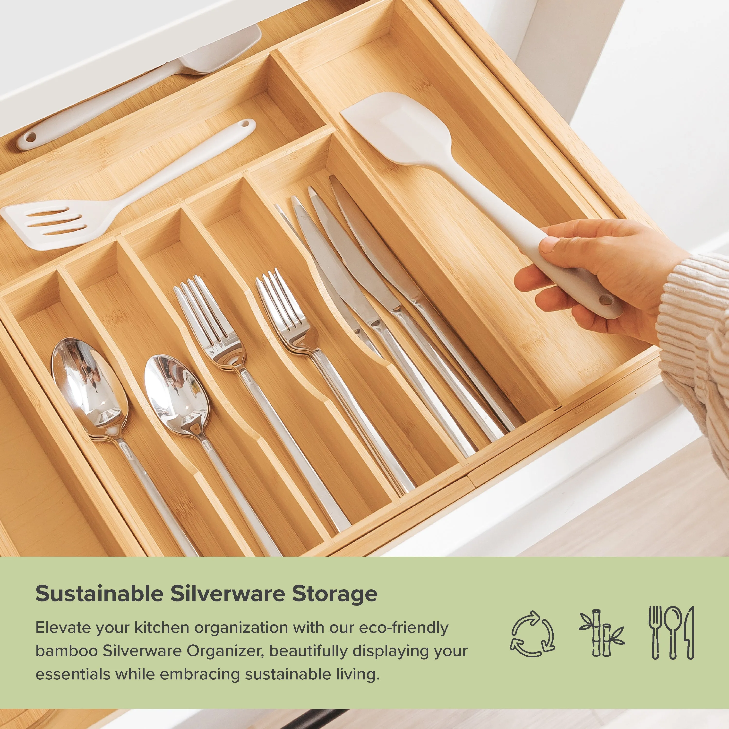 Bamboo Drawer Organizer for Silverware & Utensils (Expands 15.75-28in)