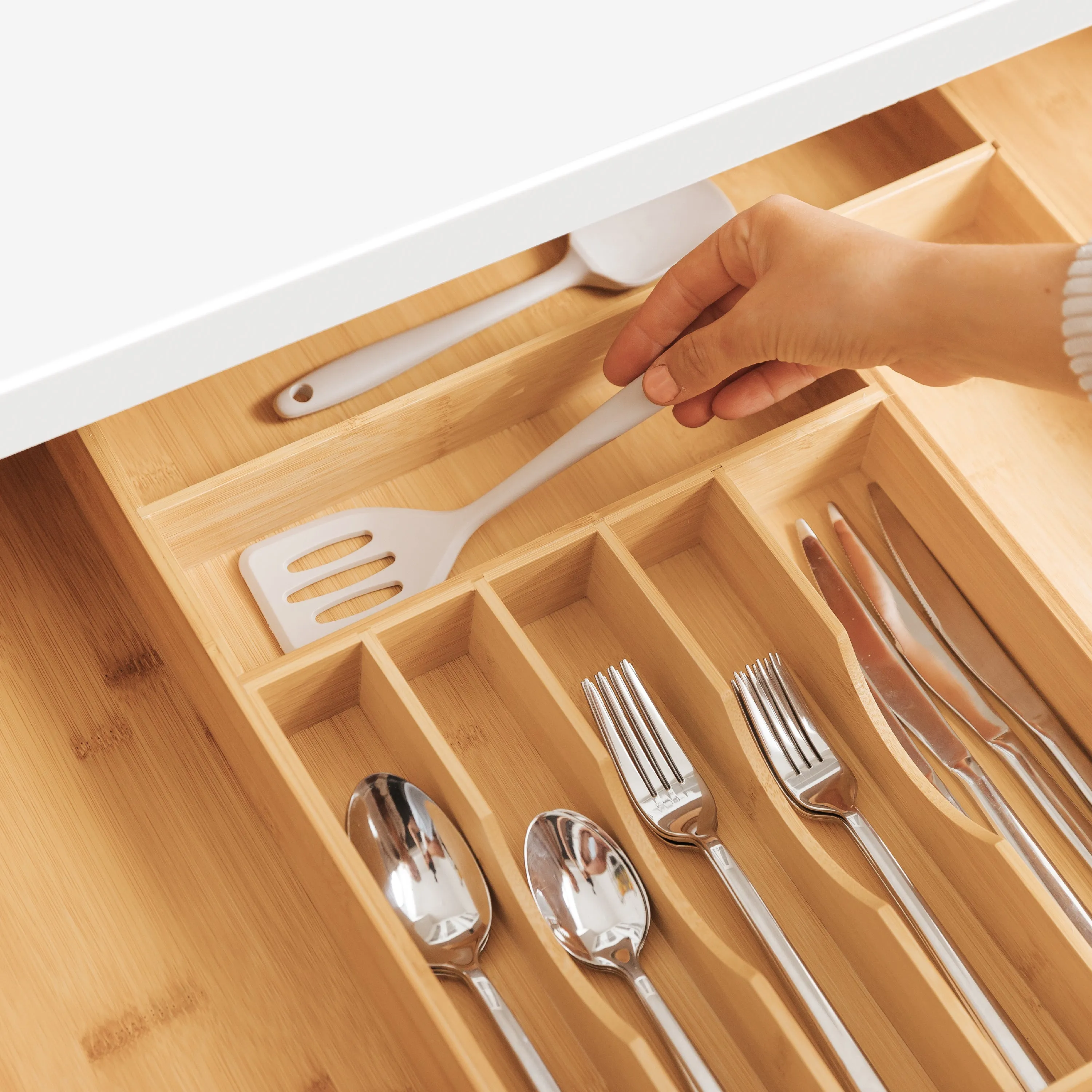 Bamboo Drawer Organizer for Silverware & Utensils (Expands 15.75-28in)