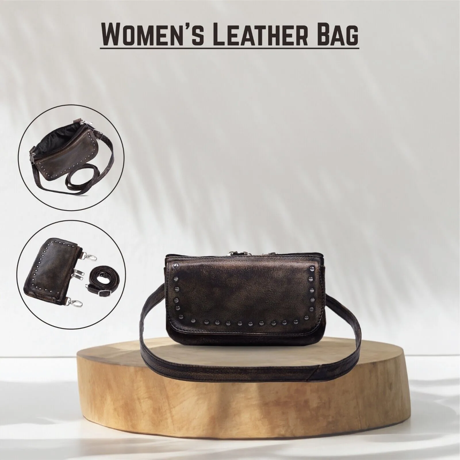 Beige HL80151BEIGE Leather HipClip Purse Bag Women Waist Fanny Pack Motorcycle Distressed BROWN