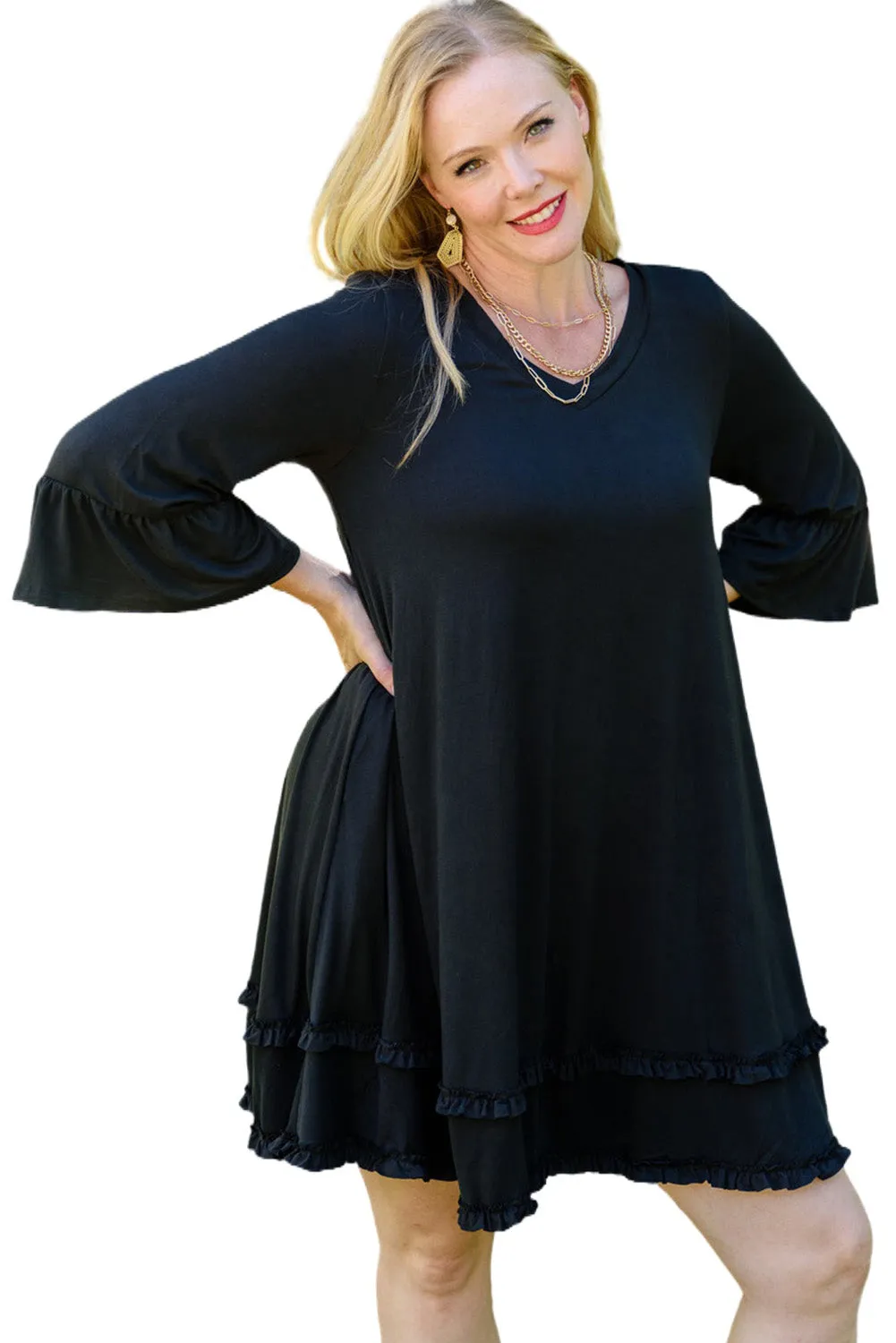 Black Plus Size Ruffled Trim 3/4 Sleeve Dress