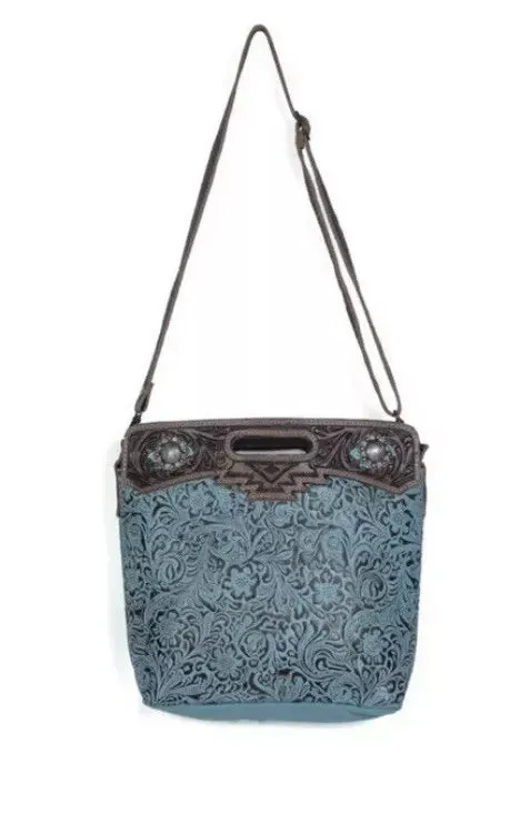 Blue Blossoms Tooled Leather Shoulder Bag