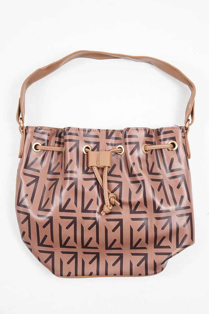 Brown Faux Leather Repeat Print Bucket Bag - Sirena