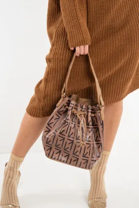 Brown Faux Leather Repeat Print Bucket Bag - Sirena