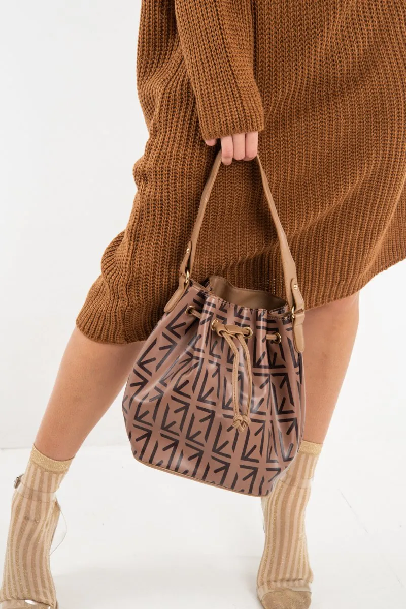 Brown Faux Leather Repeat Print Bucket Bag - Sirena