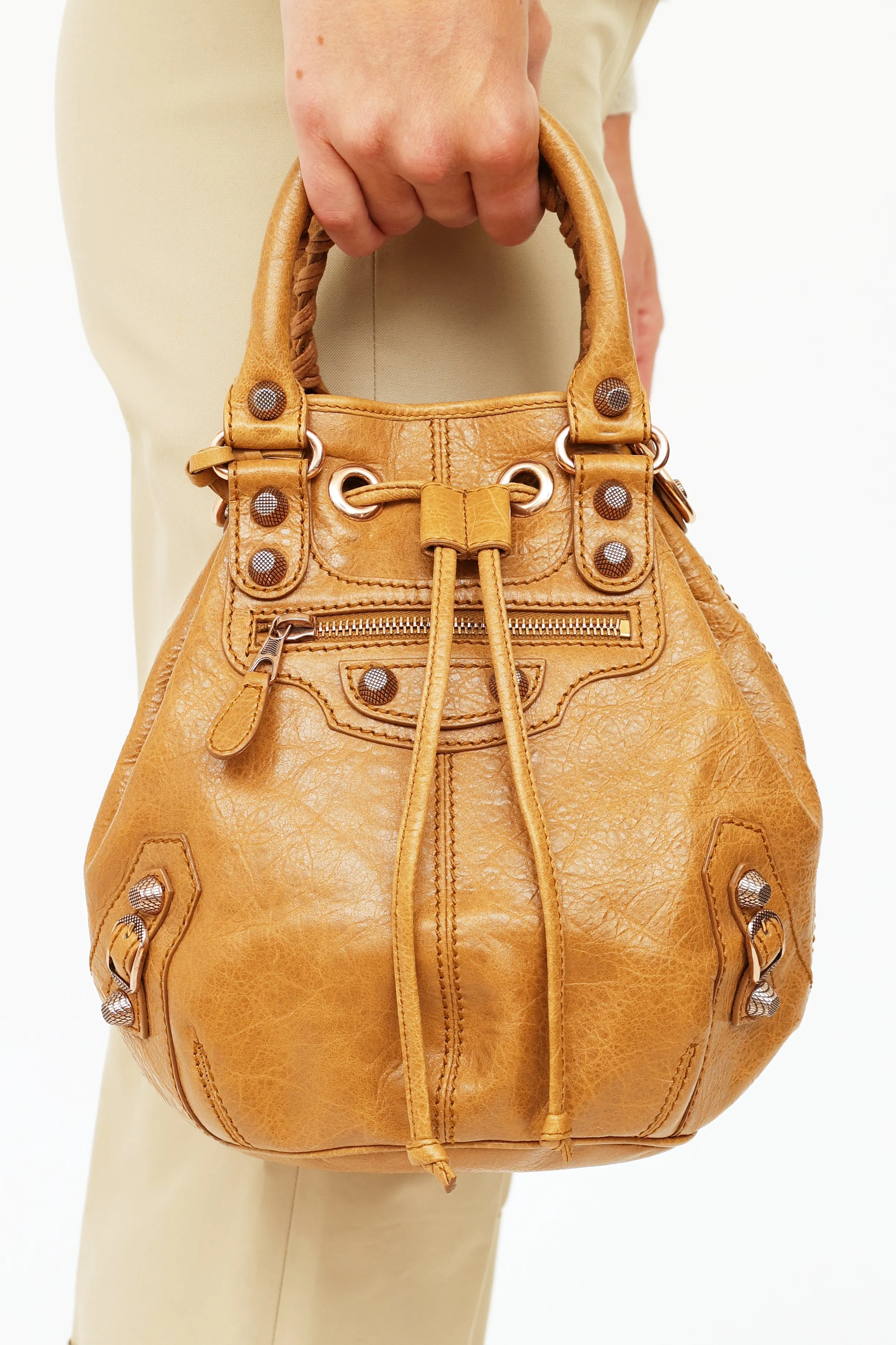 Brown Moto Giant 21 Pompon Bucket Bag