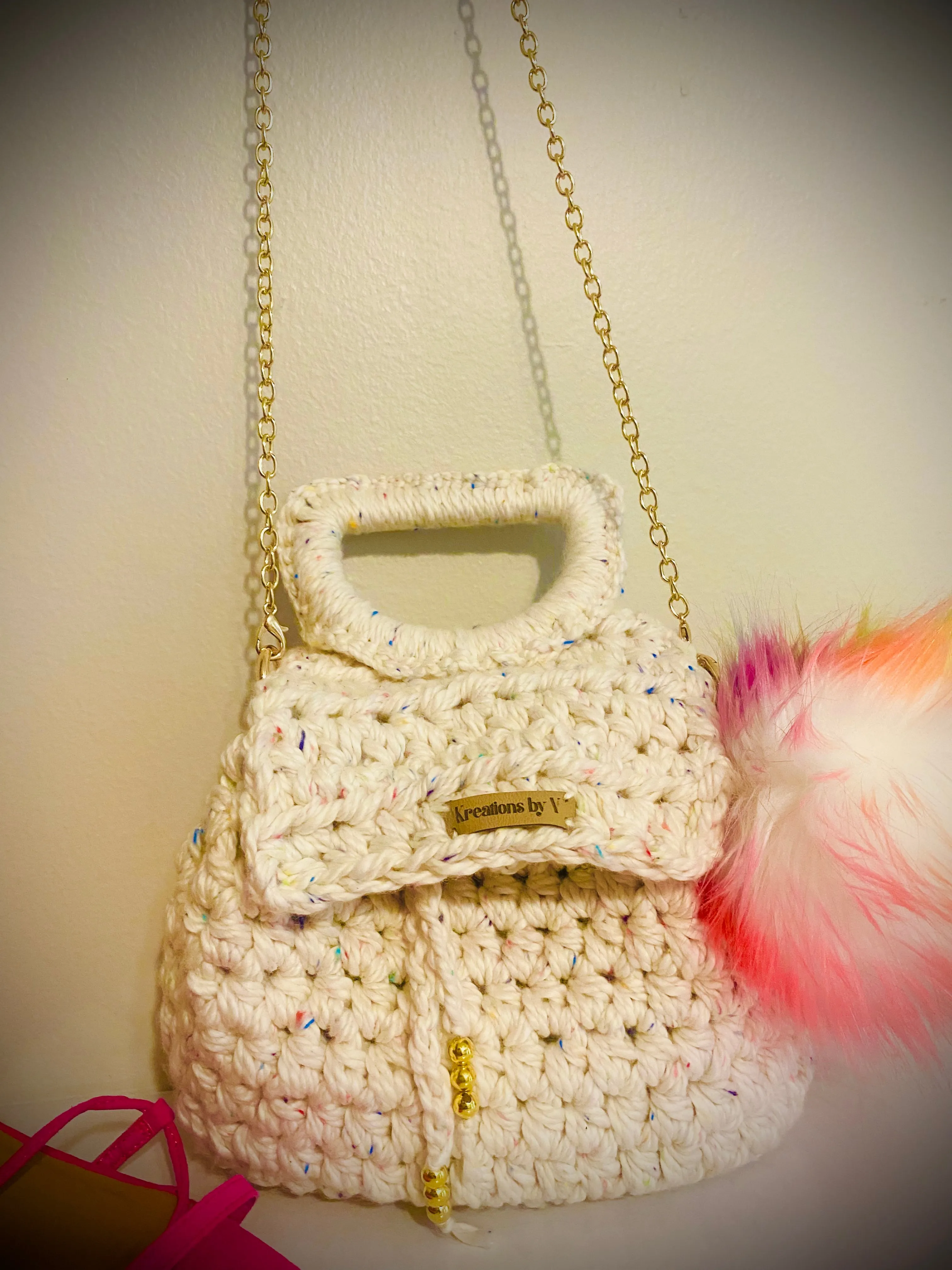 Bucket Mini Crossbody tote bag, Confetti, Kreations by V Luxury Crochet Handbag