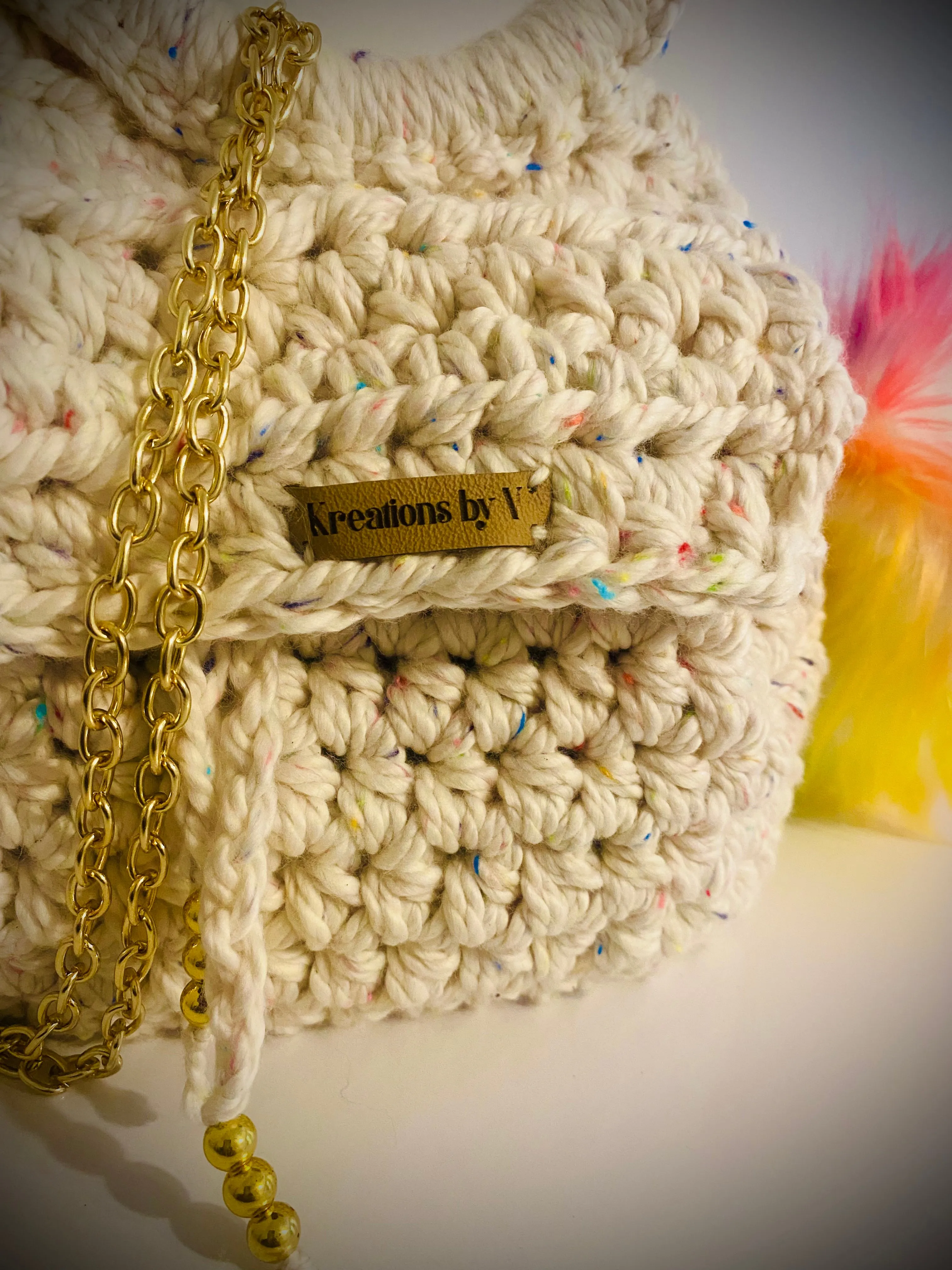 Bucket Mini Crossbody tote bag, Confetti, Kreations by V Luxury Crochet Handbag