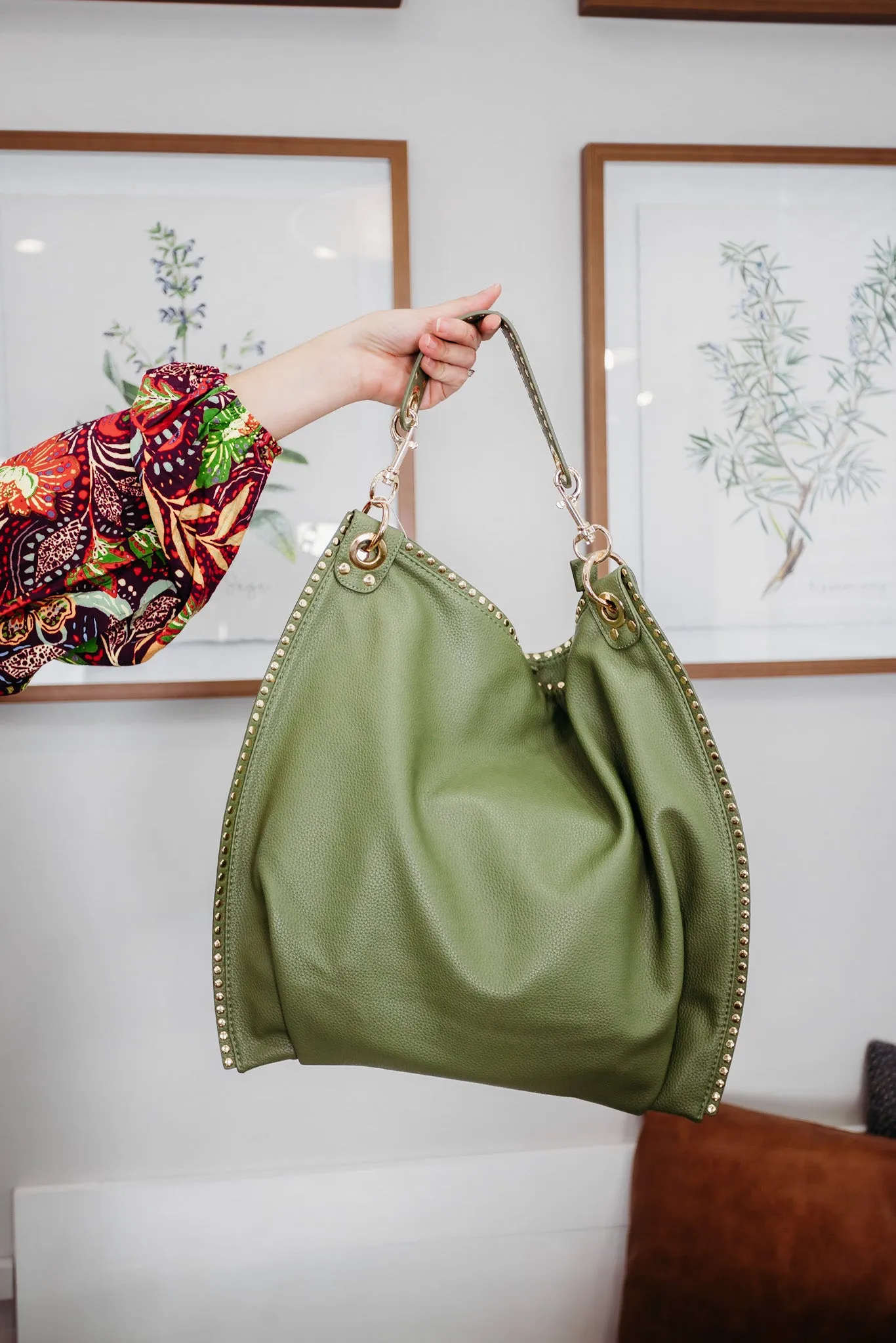 Carly Studded Hobo Olive Handbag