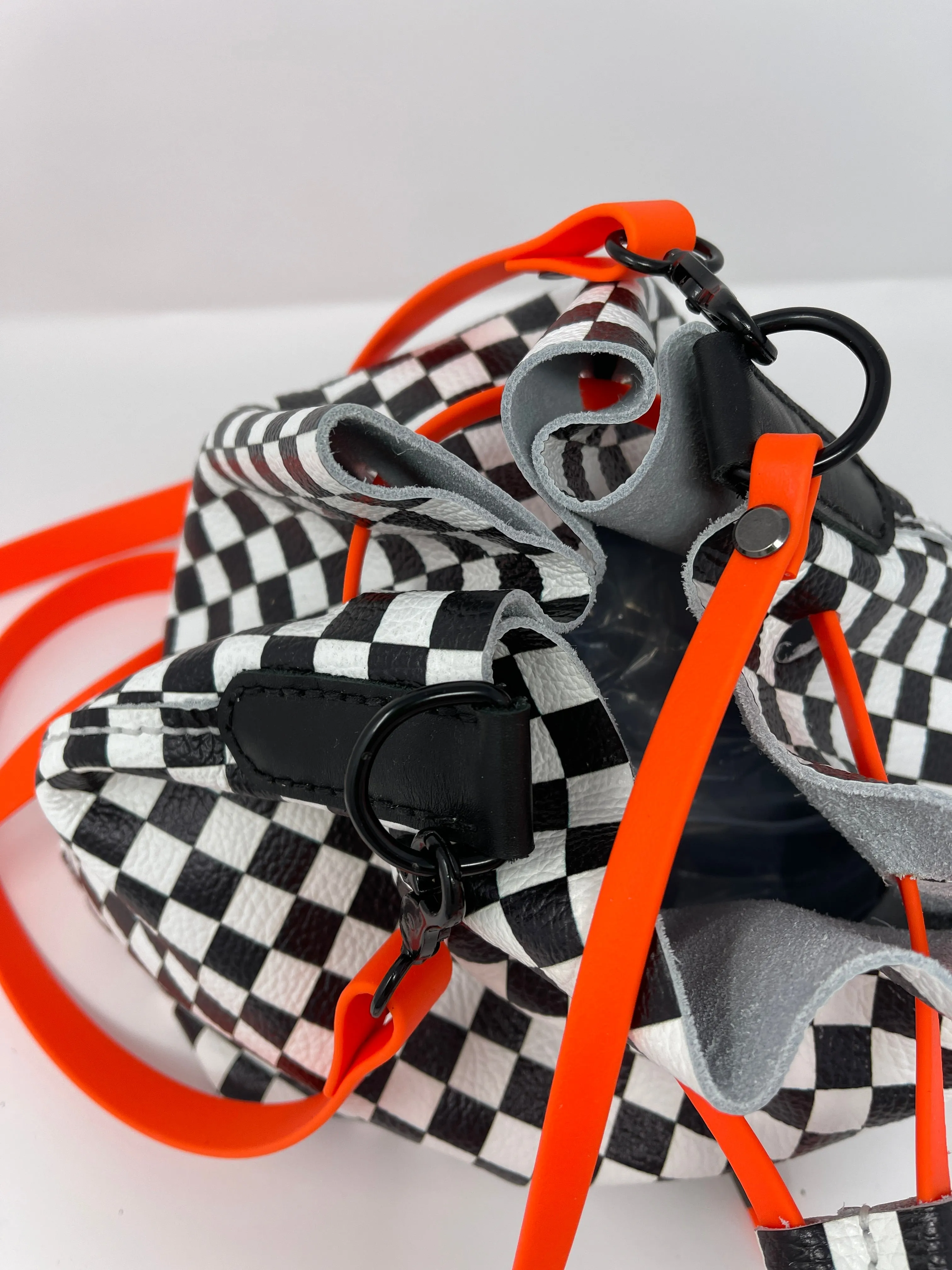 Checkerboard Leather and Neon Orange Drawstring Crossbody Bucket Bag