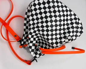 Checkerboard Leather and Neon Orange Drawstring Crossbody Bucket Bag