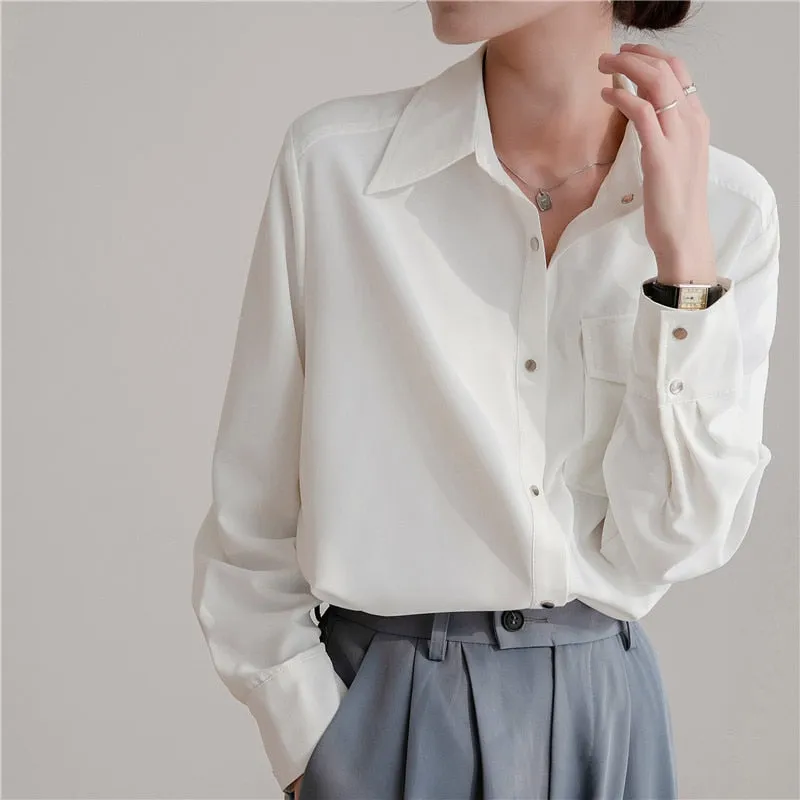 Chiffon Women Shirt White Office Ladies Button Up Long Sleeve Blouse Summer Fashion Turn Down Designed Female Tops