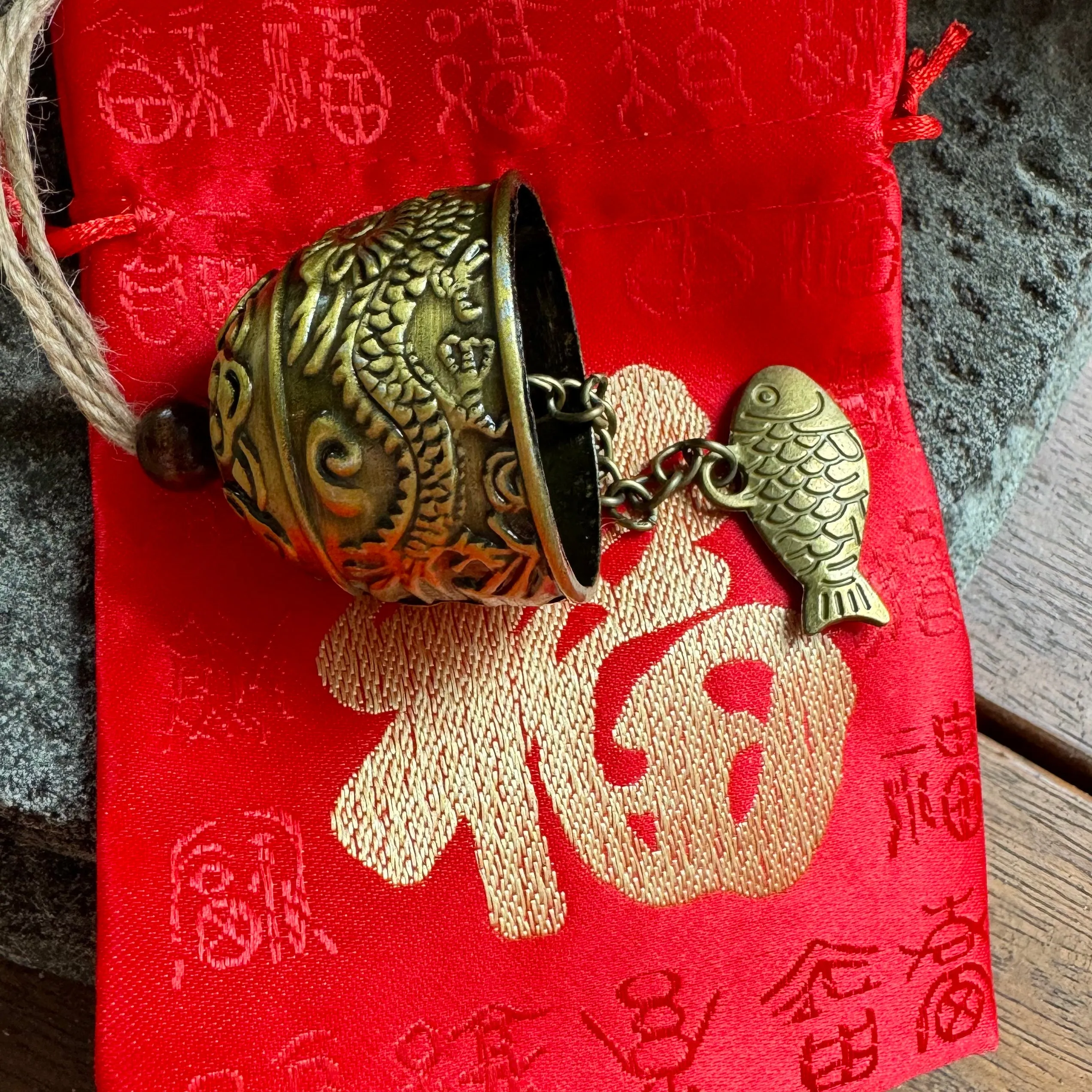 Chinese Dragon and fish wind Chime in Silk Bag