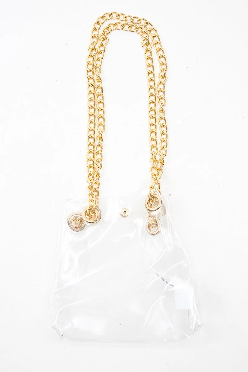 Clear Plastic Gold Chain Detail Bucket Bag - Emmelia