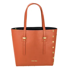 Coral Orange Genuine Italian Pebbled Leather Large Tote Bag