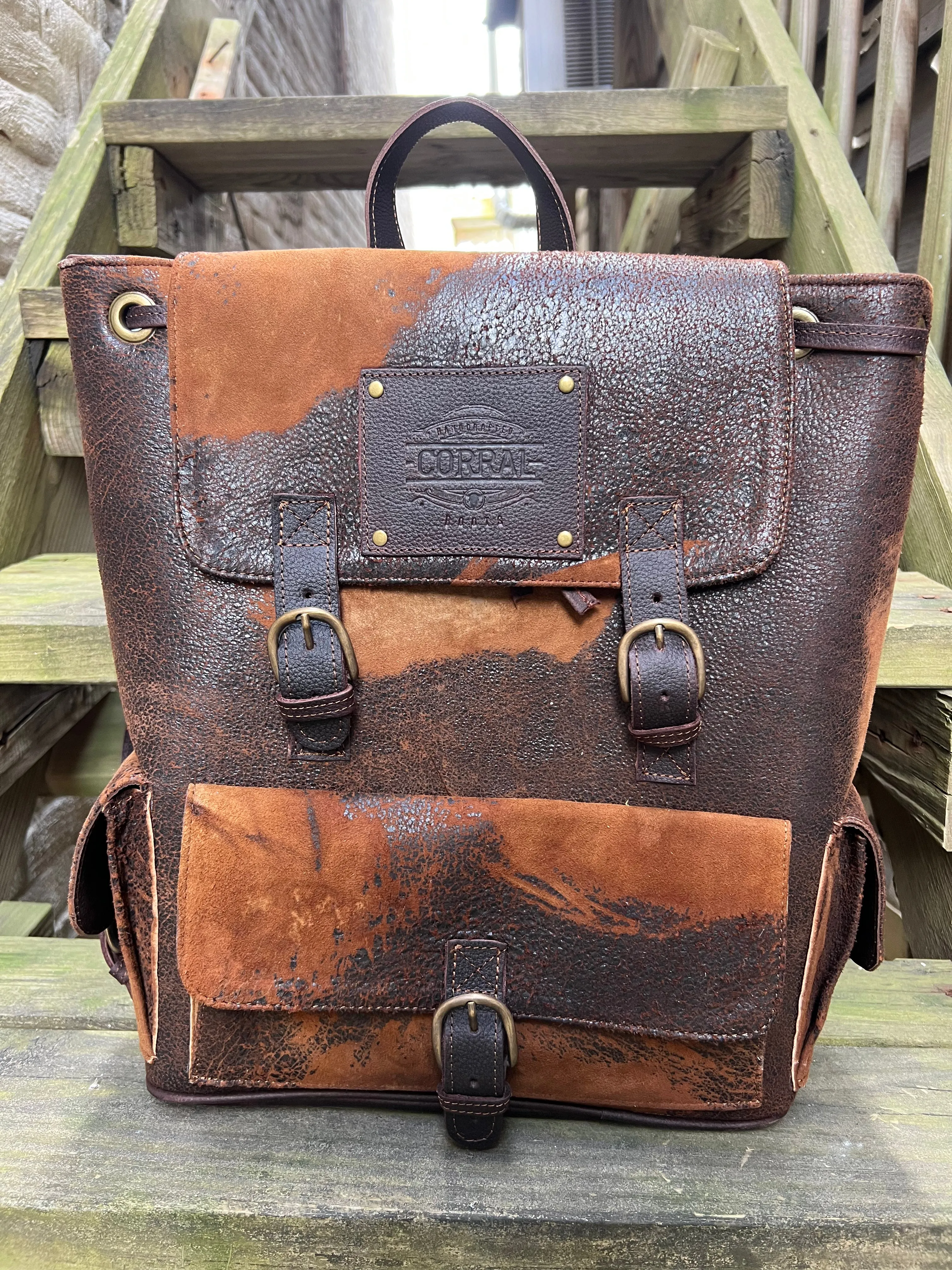 Corral Unisex Distressed Brown/Chocolate Lamb Harness Leather Backpack D1317