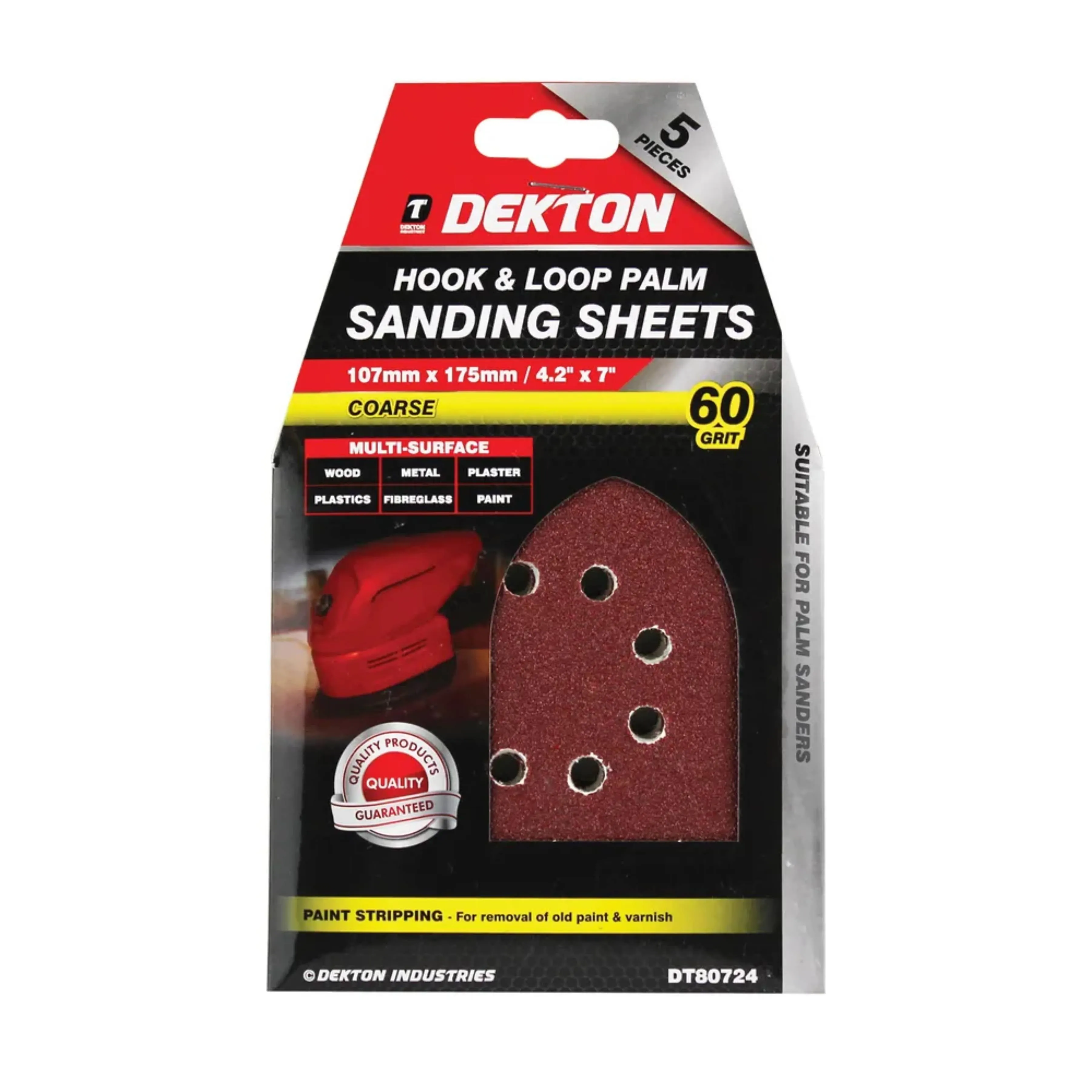 DEKTON 5PC Hook and Loop Palm Sanding Sheets 107mm x 175mm - Coarse 60 Grit