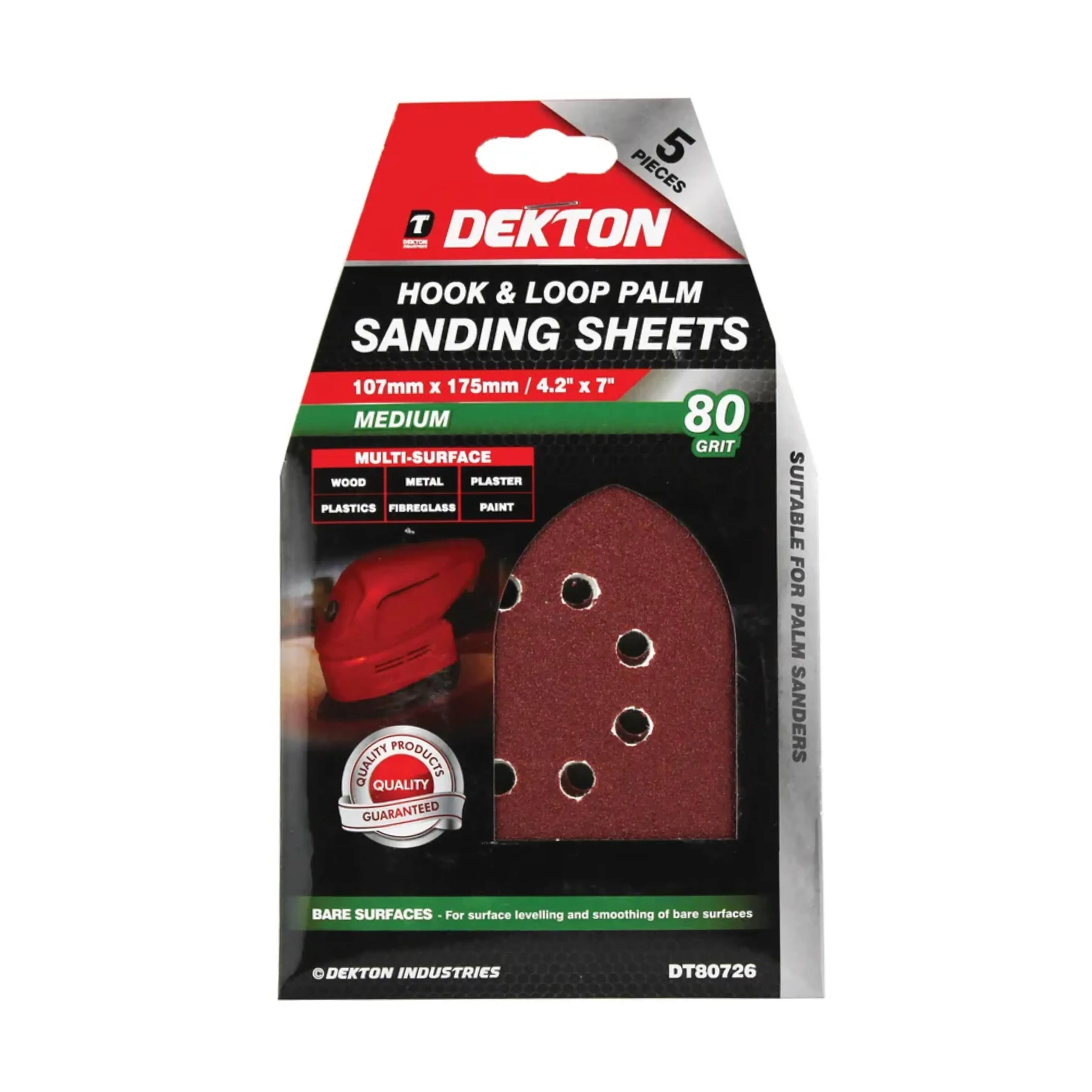 DEKTON 5PC Hook and Loop Palm Sanding Sheets 107mm x 175mm - Medium 80 Grit