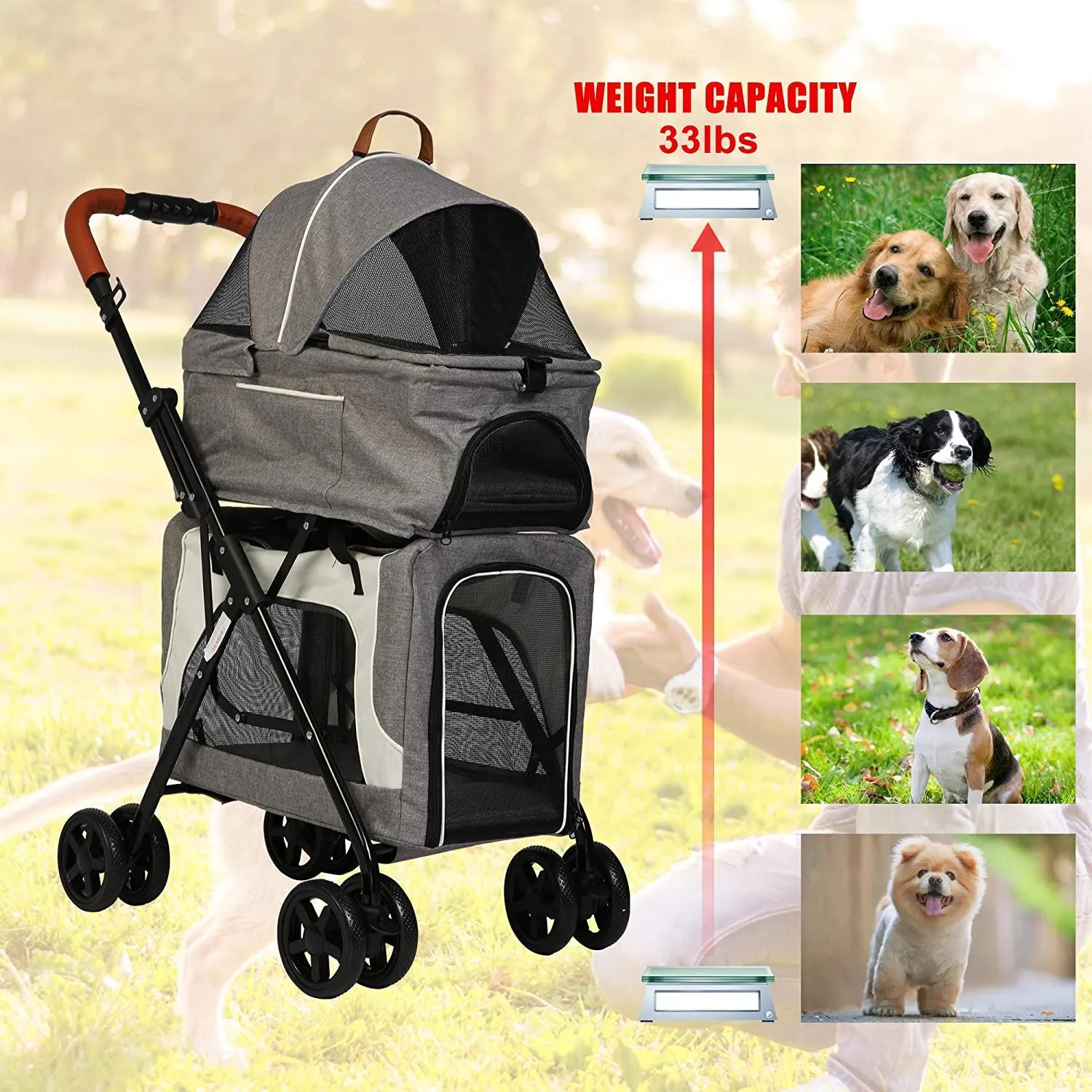 Double Decker Bus Pet Stroller Two Level Cat and Dog Stroller, Gray