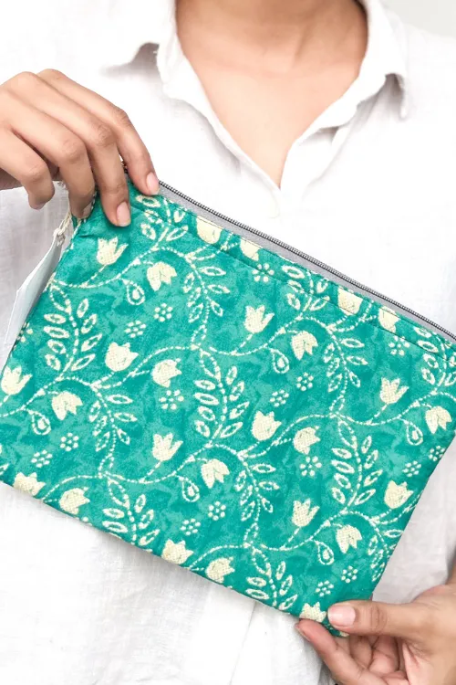 Ekatra Teal Floral Sustainable Handmade Cotton Laptop Sleeve/Laptop Cover