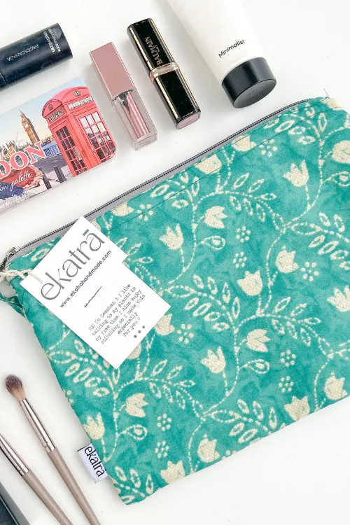 Ekatra Teal Floral Sustainable Handmade Cotton Laptop Sleeve/Laptop Cover