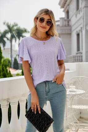 Eyelet Flutter Sleeve Round Neck Top